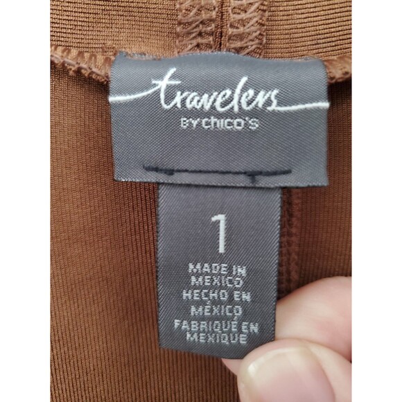 Chico's Travelers Brown Slinky Knit Open Front Jacket Button-Back Size 1 Medium - Picture 3 of 8